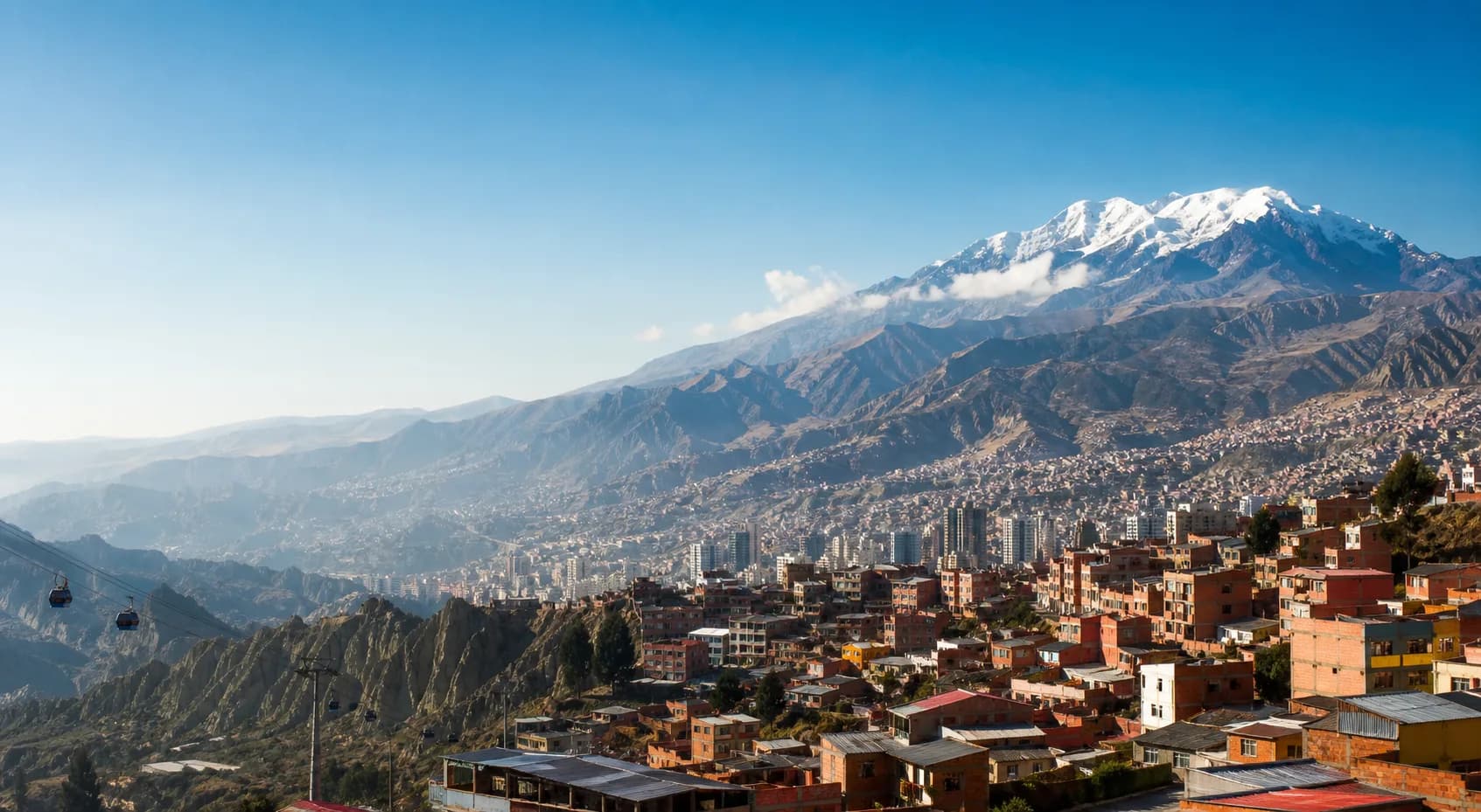 La Paz, Bolivia with cable cars and the Andes